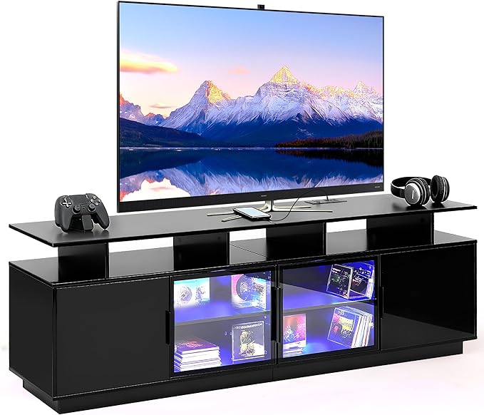 70 Inch Black TV Stand for Living Room, LED Entertainment Center for Gaming by ansefe