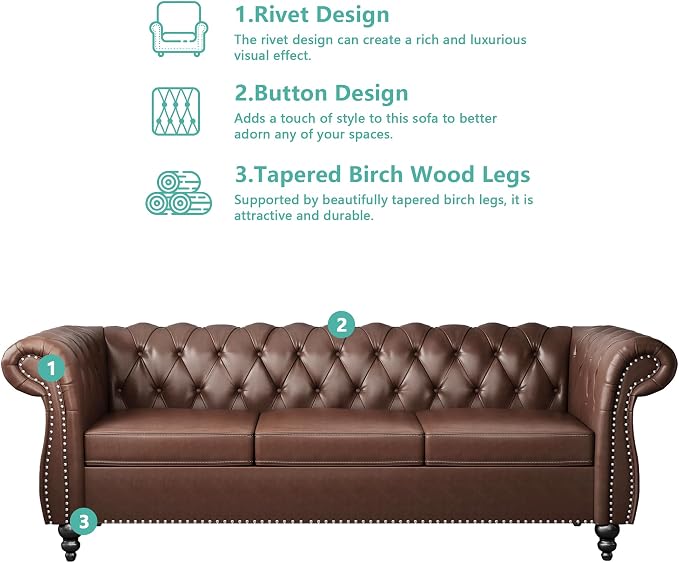 Chesterfield 3 Seater Sofa, Modern Leather Tufted Couch 3 Seater - Image 5