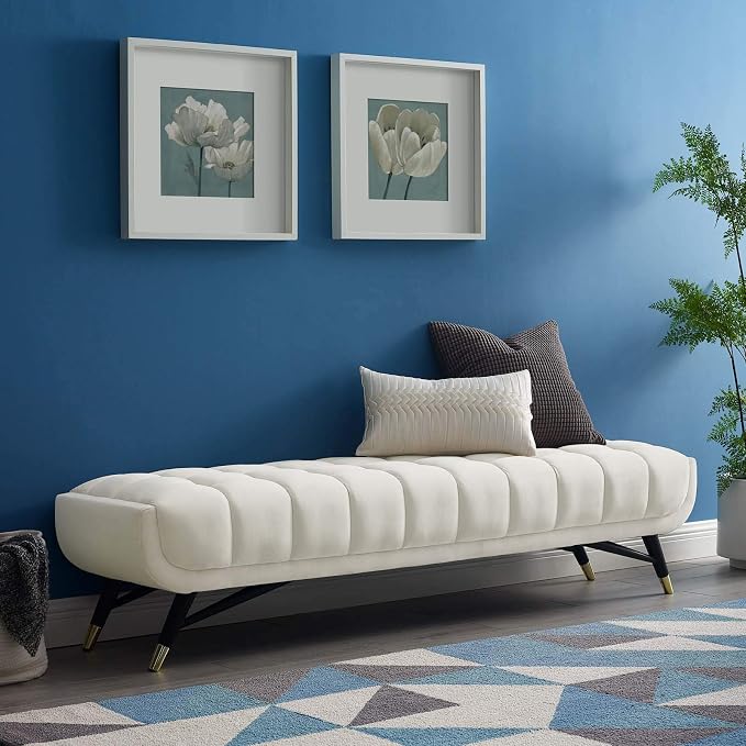 Modway Adept Mid-Century Modern Velvet Upholstered Tufted Accent Bench in Ivory - Image 2