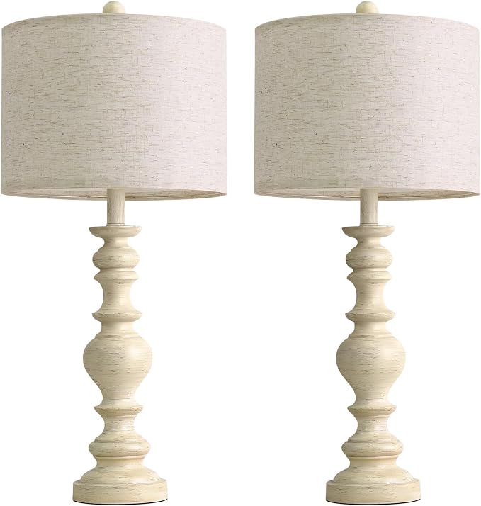 BOBOMOMO 27" Antique White Table Lamps Set of 2, Large Vintage Resin Lamps - Image 6