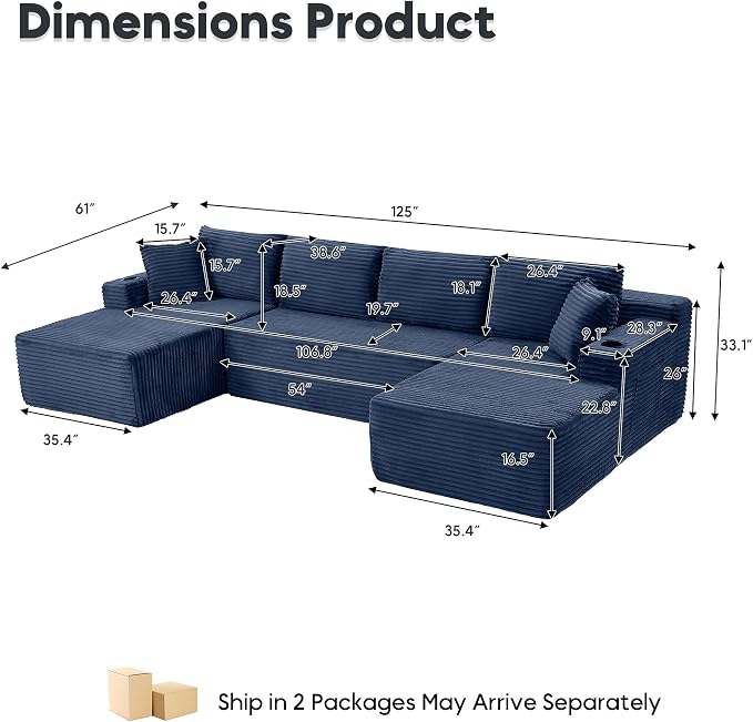 125 Inch Modular Sectional Sofa, Cloud Couch Oversized U Shaped Corduroy Sofa - Image 2