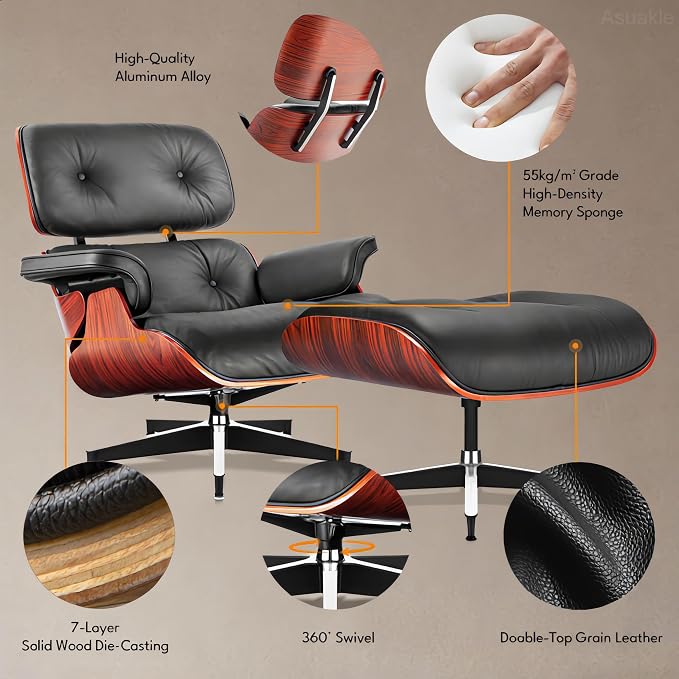 Top Black Grain Leather, Mid Century Chaise Lounge Chair and Ottoman, Modern - Image 5