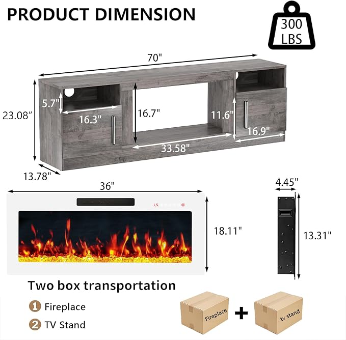 PRETZI Fireplace TV Stand with 36" Fireplace Up to 80" TVs, Remote Control - Image 2