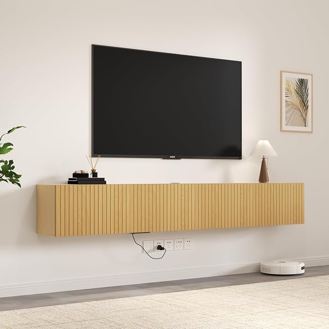 71” Floating TV Stand with LED Lights & Charging Station, Wall Mounted - Image 7