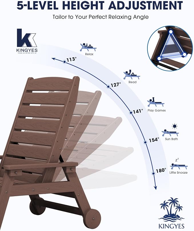 KINGYES HDPE Lounge Chair Outdoor Set of 2, Patio Chaise Lounge Recliner - Image 3