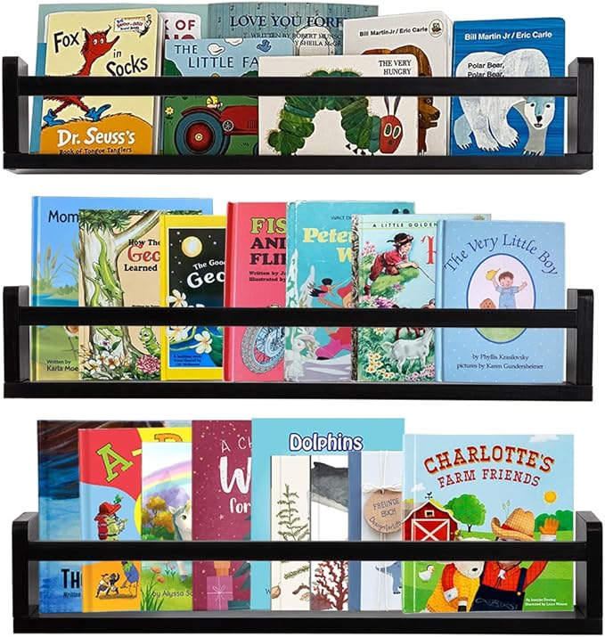 AZSKY Classic Nursery Book Shelves Black Wooden Floating Shelves Wall Bookshelf by AZSKYMakeyourlifebetter