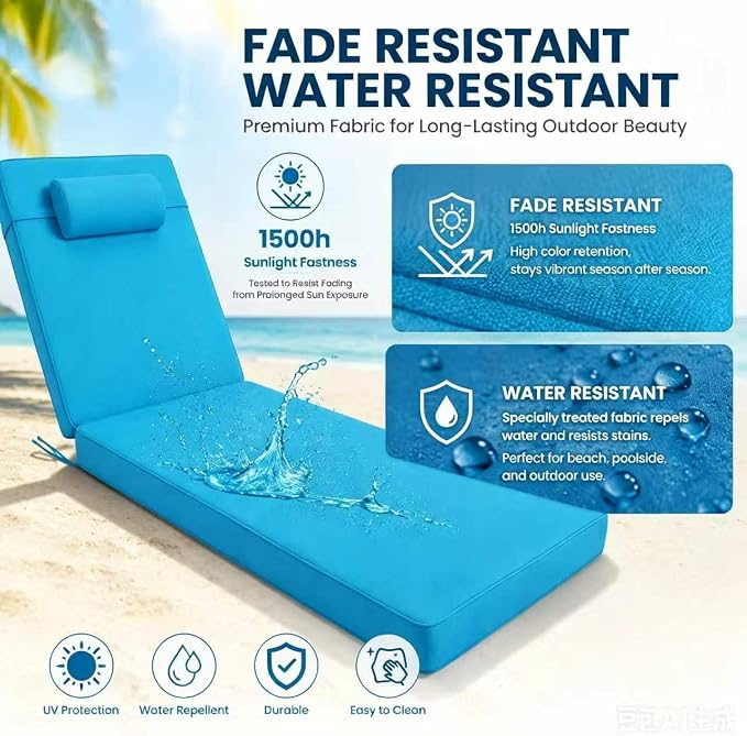 Chaise Lounge Cushion for Outdoor Furniture, Waterproof, Fade-Resistant and - Image 3