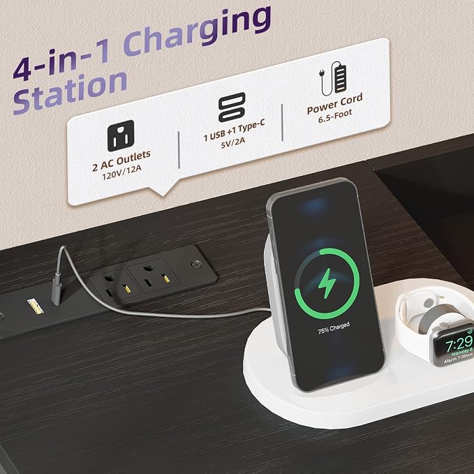 Somdot Black Nightstand with Charging Station and LED Light, Wide 5 Drawers - Image 4