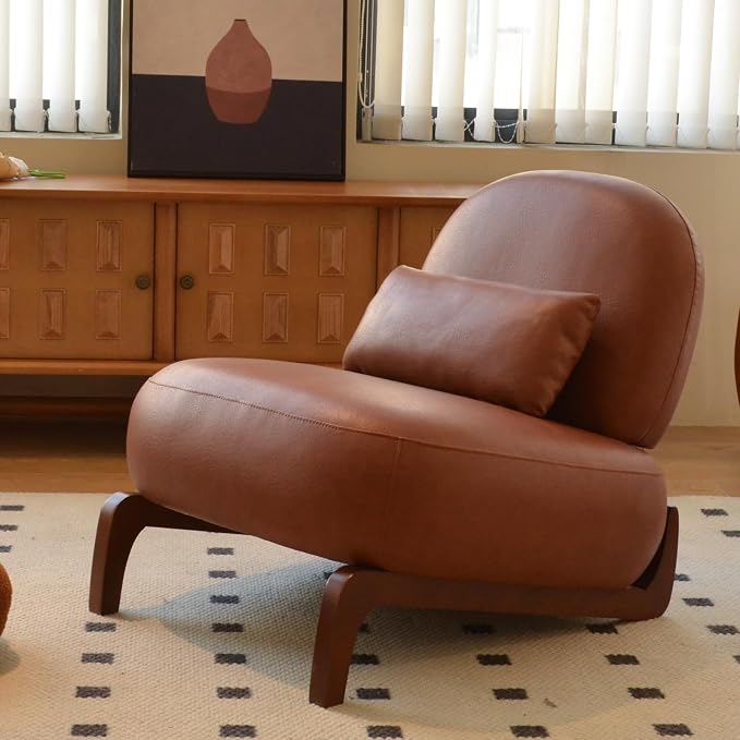 KEIKI Accent Chair with Solid Wood Legs, Faux Leather Single Seat Sofa by KEIKI