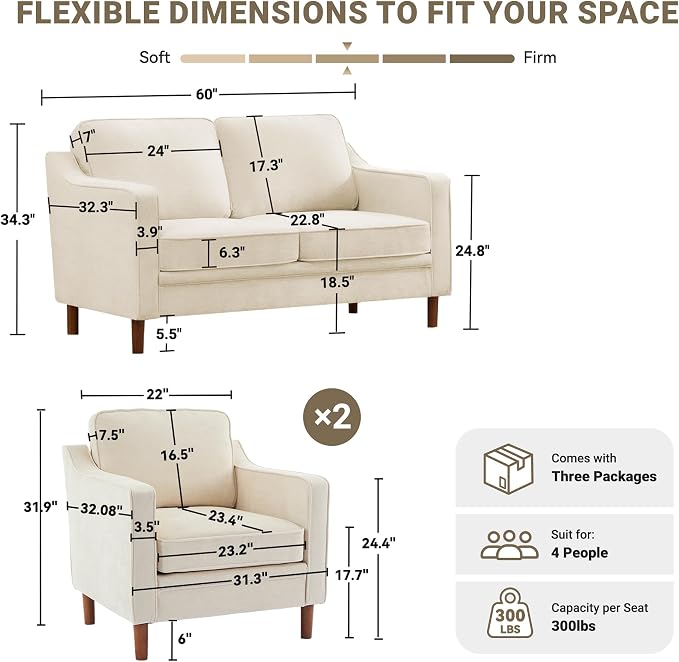 Kingfun Living Room Furniture Sets, 2 Armchair and Loveseat, Mid Century Modern - Image 2