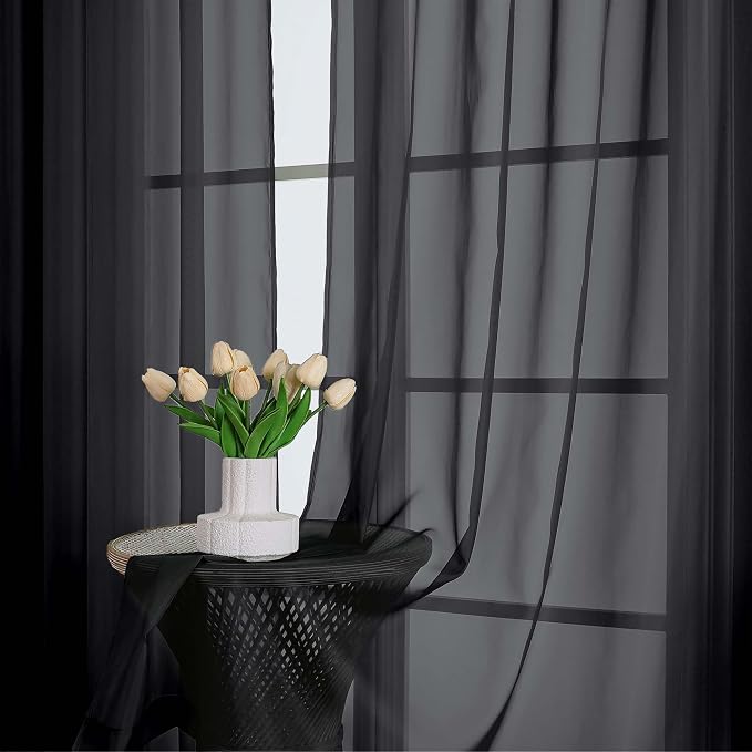 OWENIE Black Sheer Curtain 90 Inches Long 2 Panels Set, Solid Filmy Drapes - Image 4