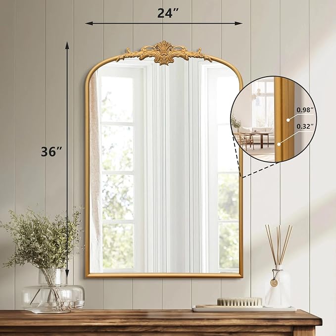 Besdomus Antique Arched Wall Mirror: 24"x36" French Large Arch Gleaming Gold - Image 6