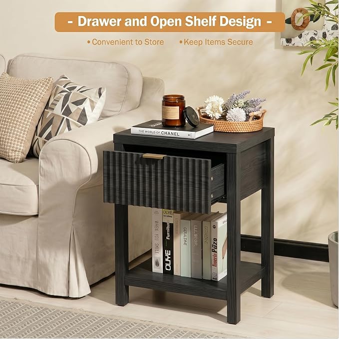 Fluted Night Stand with Golden Handle, Mid-Century Nightstands with Drawer - Image 6