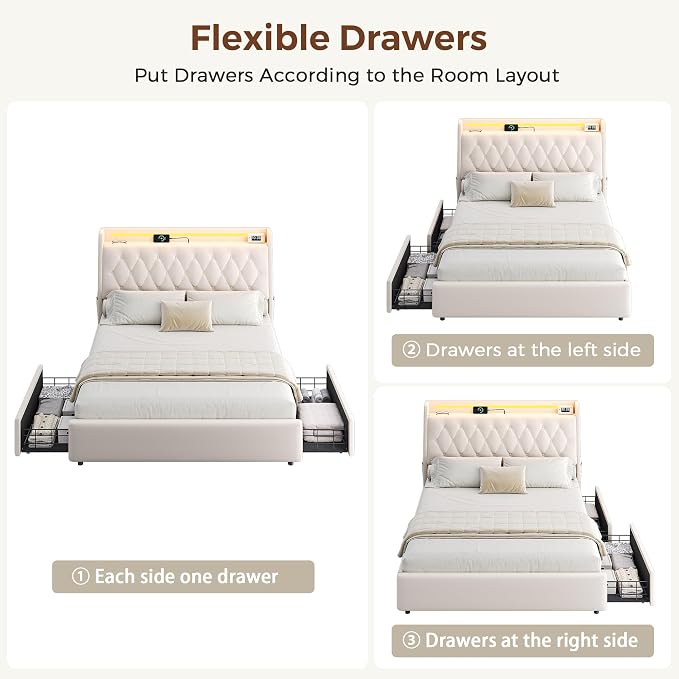 Full LED Velvet Bed Frame with 2 Storage Drawers&Hidden Headboard, Upholstered - Image 5