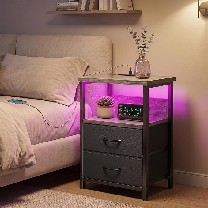 Fixwal Night Stand with Charging Station, LED Nightstand with U-S-B Ports and - Image 7