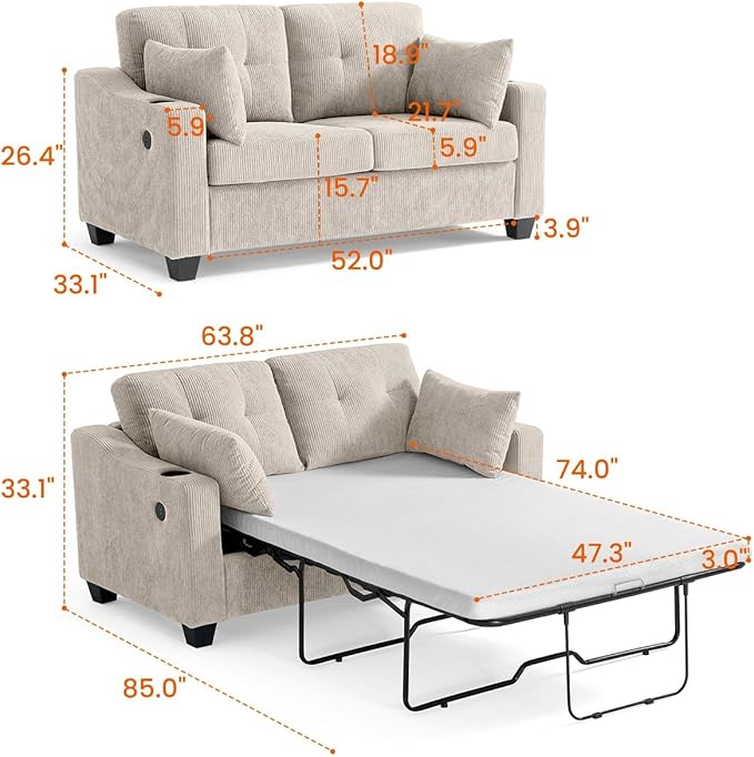 Full Size Pull Out Sleeper Sofa Bed, 2-in-1 Convertible Corduroy Pull Out Couch - Image 3