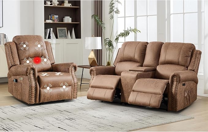 EBELLO 2-Piece Manual Recliner Sofa Set, Faux Leather Message Single Recliner - Image 8