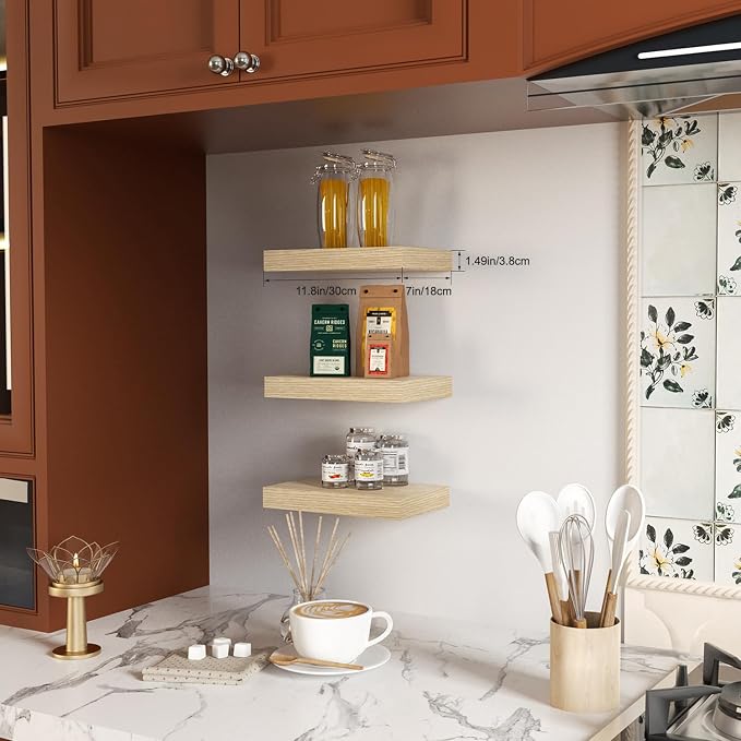 Floating Shelves, Oak Wooden Set of 3 Wall Mounted Bathroom Shelves Over Toilet - Image 8