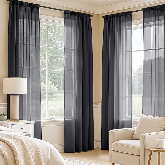MIULEE Black Sheer Curtains 90 Inches Long, 4 Panels Set, Light Filtering - Image 2