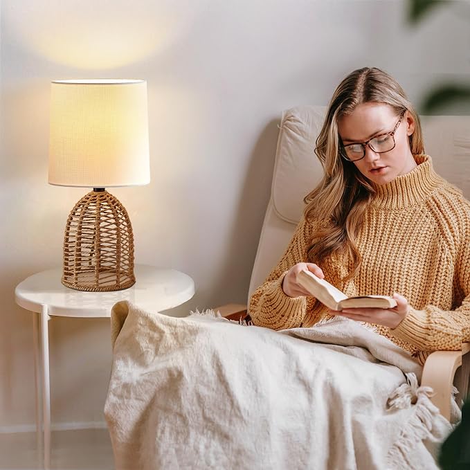 EJIAXIN Rattan Lamp Boho Lamps Set of 2-13.75" Mini Farmhouse Table Lamp Rustic - Image 6