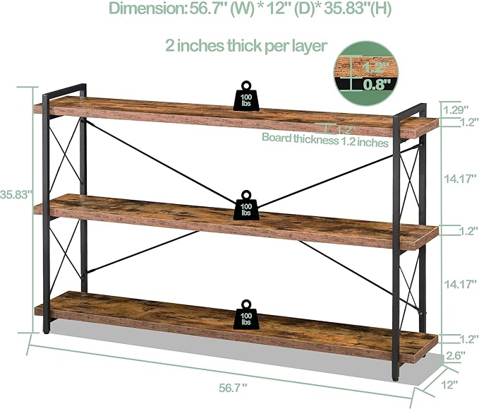 HCHQHS Bookshelf, 3-Tier Long Industrial Bookcase, Rustic Open Book Shelf - Image 3