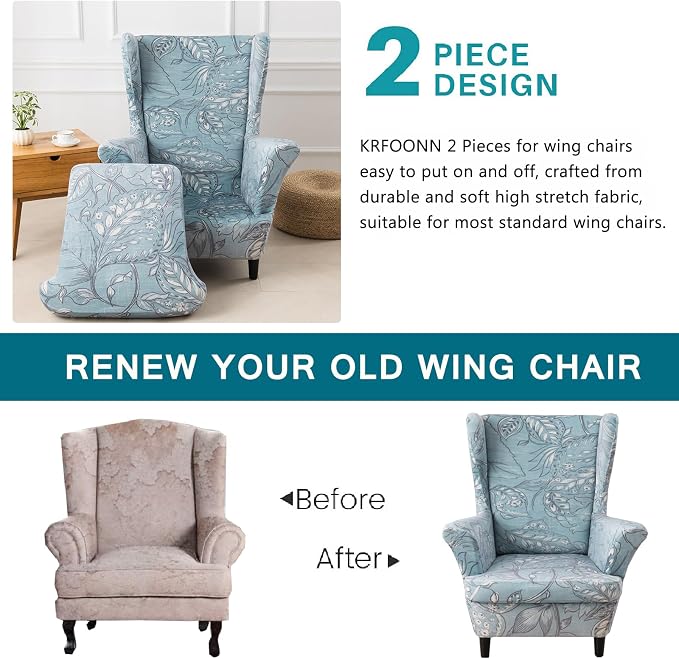 KRFOONN Velvet Wing Chair Slipcovers 2 Piece Stretch Printed Wingback Chair - Image 4