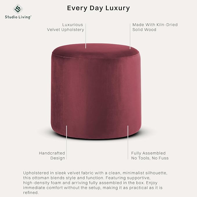 Studio Living® 19” Wentworth Ottoman Round Soft Velvet Bench, Stationary - Image 4