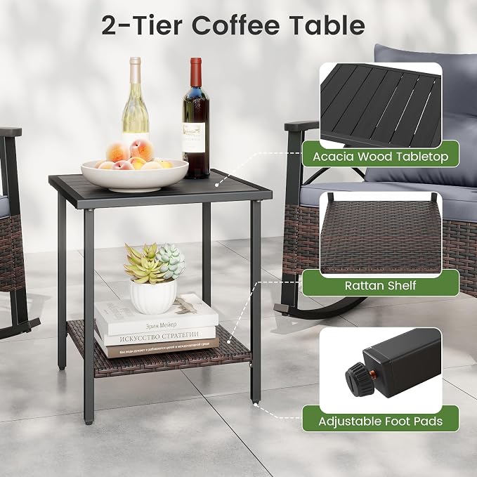 Tangkula 3 Pieces Outdoor Rocking Chairs Set, Rattan Heavy Duty Cushioned - Image 9