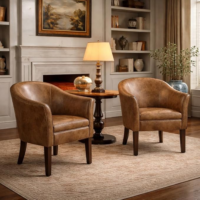 HomePop Modern Barrel Accent Chair, Distressed Brown Faux Leather - Image 2