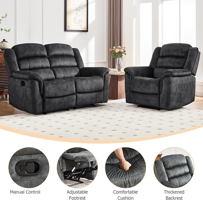 EBELLO 2 Pieces Reclining Loveseat Couch Furniture Set, Soft Fabric Manual - Image 3