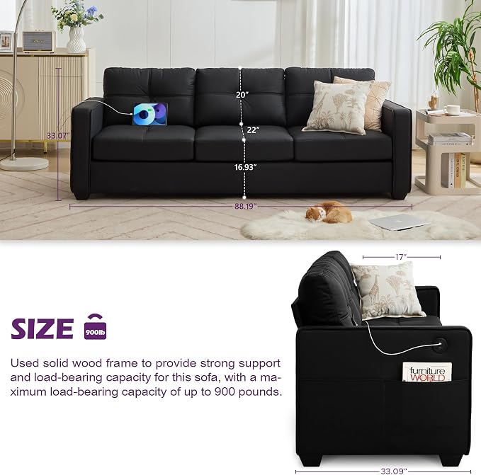 TYBOATLE 88" W Faux Leather Couches w/USB, Tufted Mid-Century Modern Comfy - Image 2
