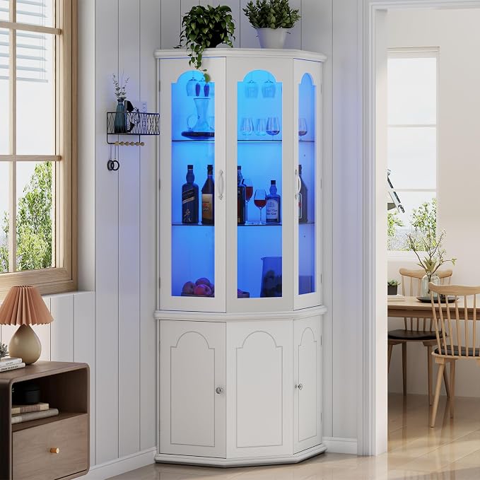 Gyfimoie Corner Bar Cabinet w/LED Lights, Tall Modern Wine Cabinet - Image 9