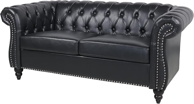 LEVNARY Leather Sofa, Chesterfield Tufted Upholstered 2 Seater Couch, Modern - Image 4