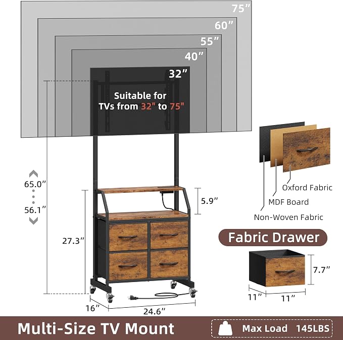 Rolling TV Stand with Mount & 4 Fabric Drawers - Image 2