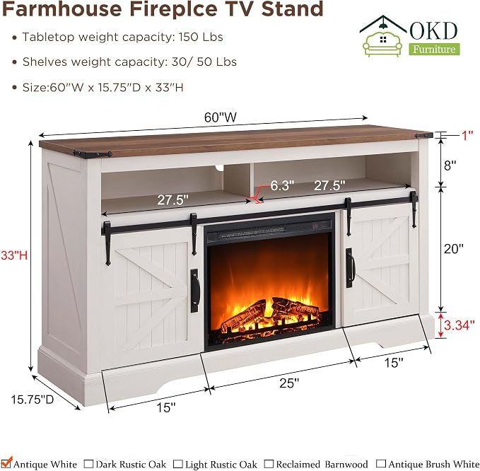 OKD Fireplace TV Stand for 65+ Inch TV, Rustic Media Console w/Sliding Barn - Image 6