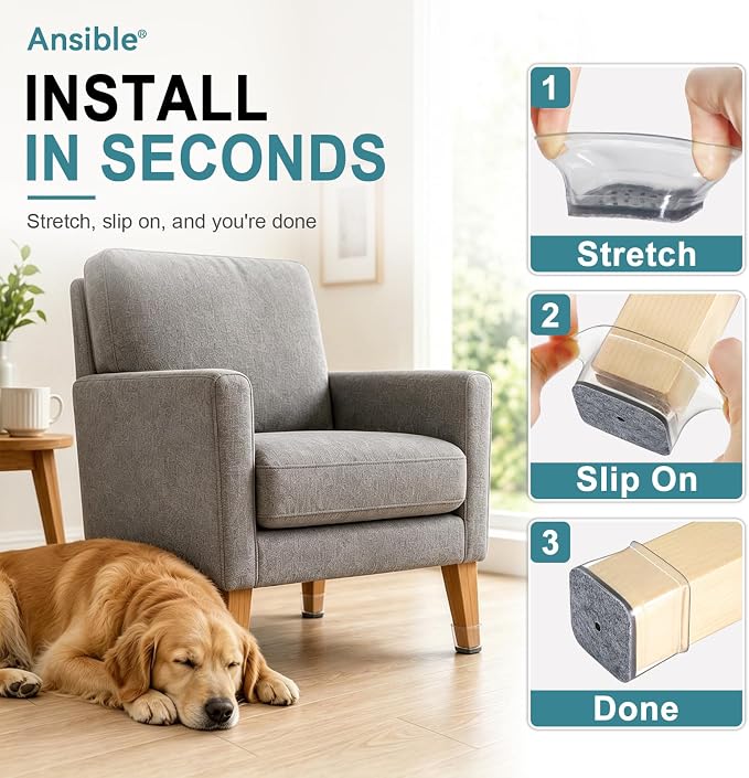 Ansible 24 Pcs Chair Leg Floor Protectors Square, Silicone Felt Furniture Leg - Image 4