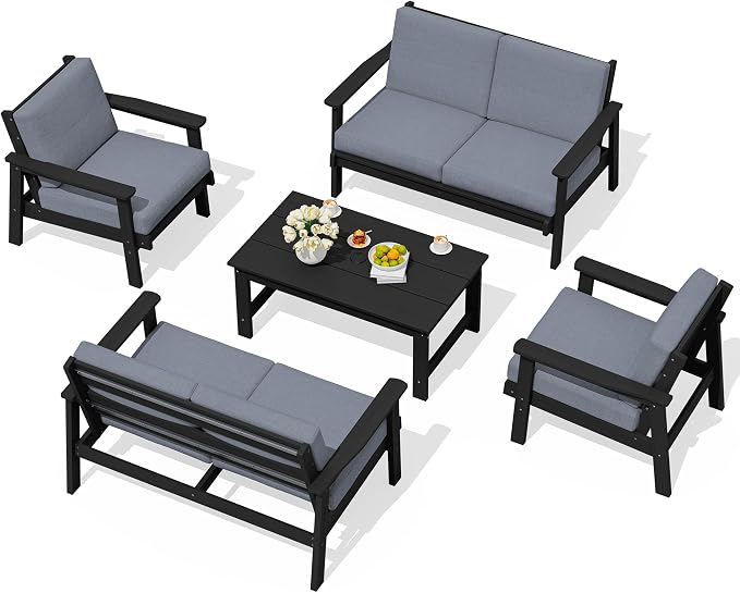 SERWALL HDPE Patio Furniture Set, 5 Piece All Weather Wood-Like Sectional by SERWALL
