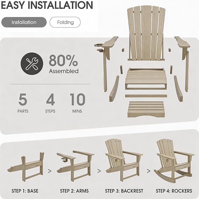 Adirondack Rocking Chair with Retractable Ottoman, Outdoor Folding Adirondack - Image 7
