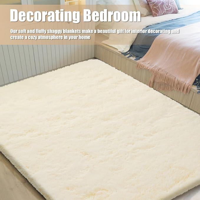 Shag Area Rug for Bedroom 5x8, Ivory Fluffy Area Rugs for Living Room, Soft - Image 8