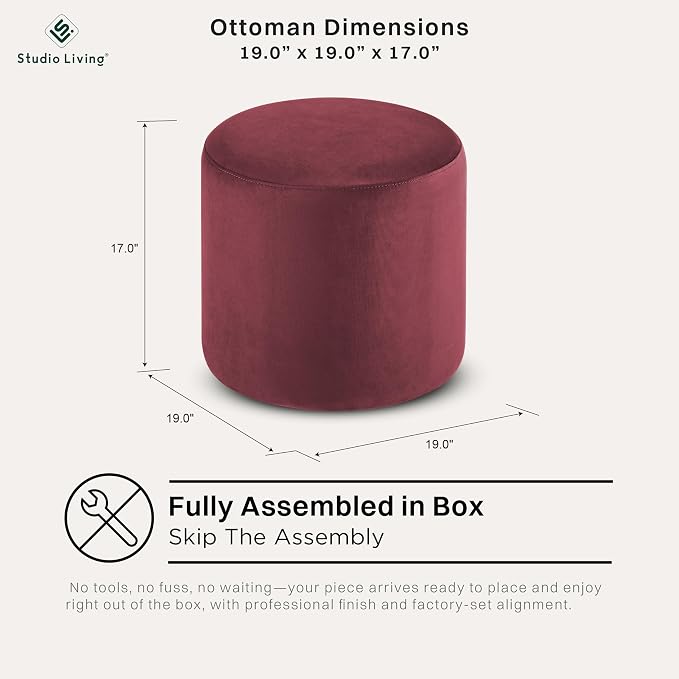Studio Living® 19” Wentworth Ottoman Round Soft Velvet Bench, Stationary - Image 2