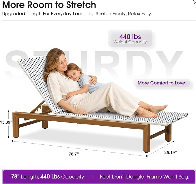 PURPLE LEAF Patio Chaise Lounge French Outdoor Lounger 1 Piece Matte Teak Grain - Image 2