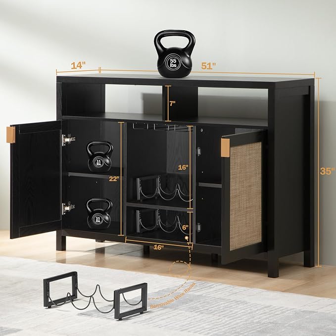 SICOTAS Rattan Coffee Bar Cabinet, Modern Liquor Wine Cabinet Set of 2 Credenza - Image 3