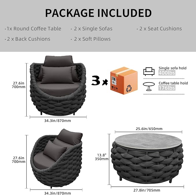 TWT 3 Pieces Aluminum Patio Furniture Set, Hand Woven Textilene Rope Outdoor - Image 2