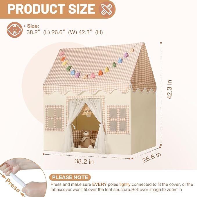 Kids Play Tent Indoor: with Brown Checkered, Rainbow Tissue Garland, Star Lights - Image 6