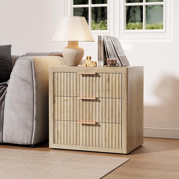 Fluted Nightstand with 3 Drawers, Tall Bed Side Table with Metal Handle - Image 7