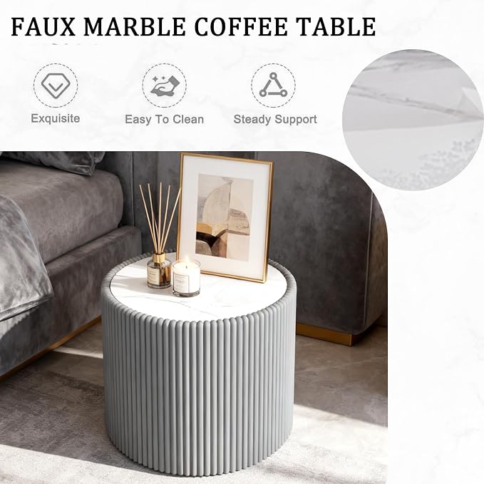 Marble Round Side Table, 17.71" Fluted End Table - Image 6