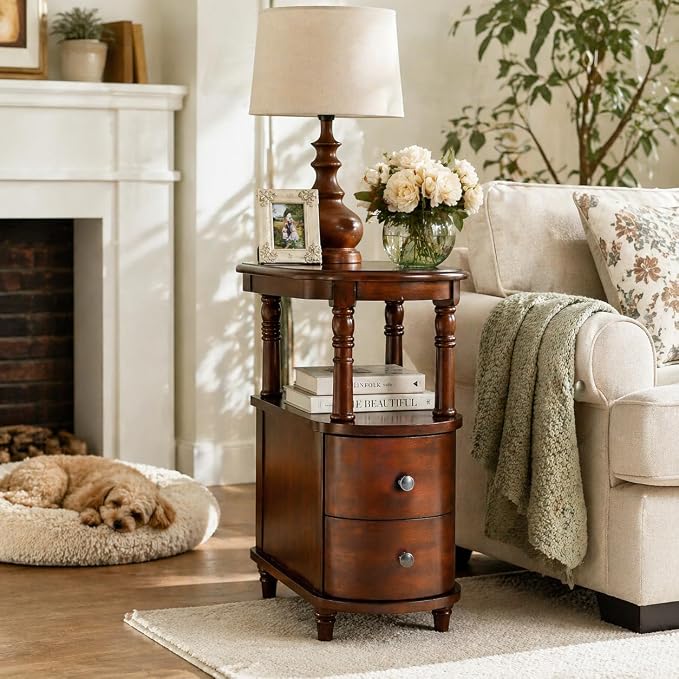 Narrow End Table with 2 Storage Drawers, Retro Vintage Sofa Beside Table - Image 6