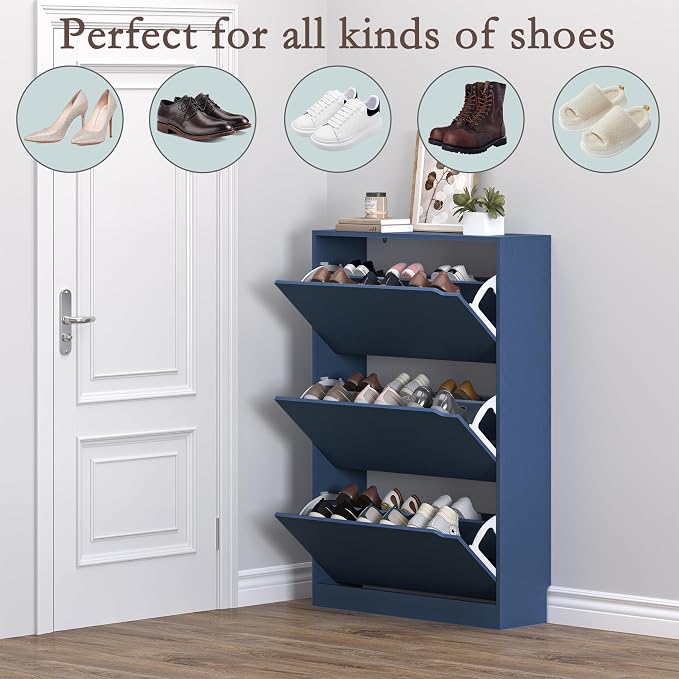 BORNOON Shoe Cabinet with 3 Flip Drawers, Hidden Wood Shoe Cabinet, - Image 4