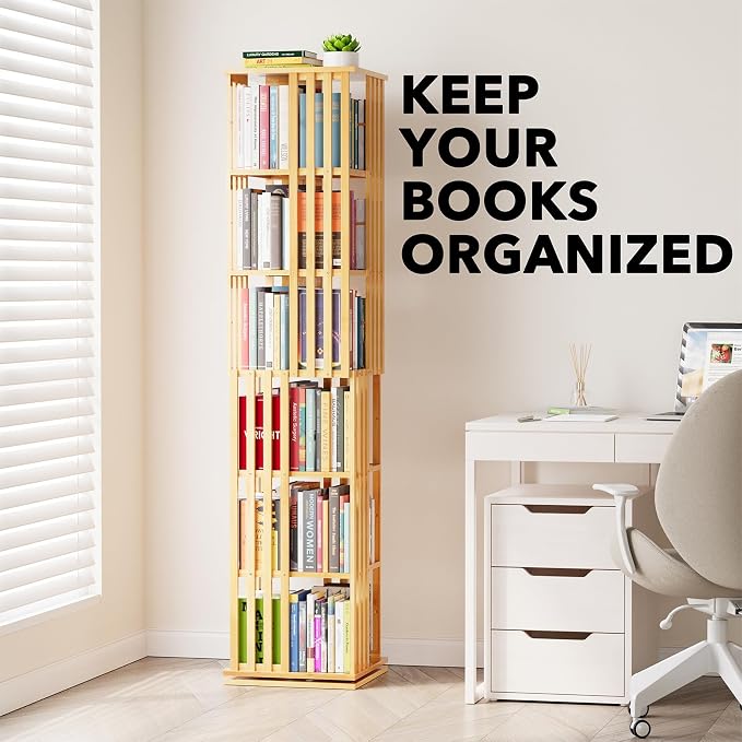 SpaceAid 6 Tier Rotating Bookshelf Tower, Bamboo Spinning Book Shelf, Revolving - Image 6
