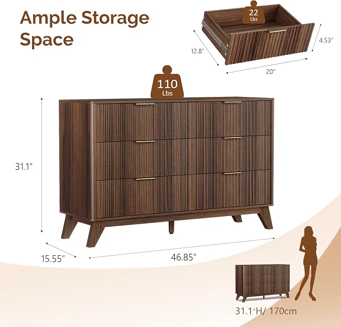 VINGLI Fluted Walnut Dresser 6 Drawer, Dark Brown Wood Dresser - Image 2
